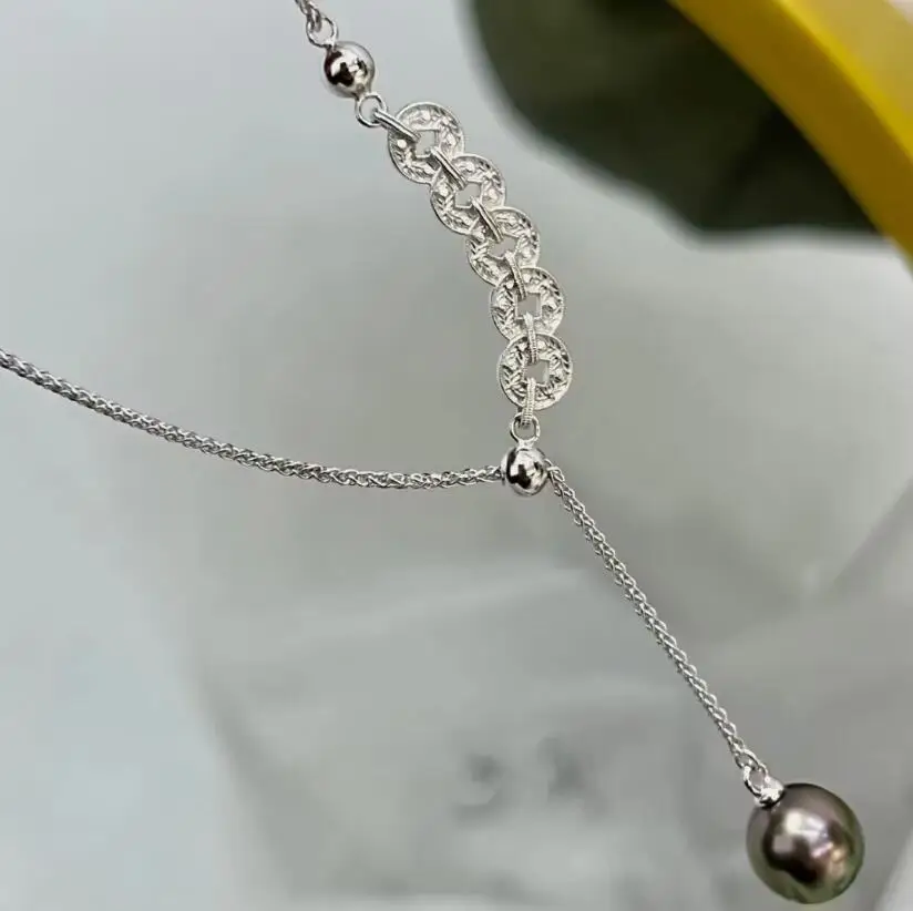 

потрясающий кулон с таитянским круглым черным зеленым жемчугом 9-10 мм 10-11 мм 925s