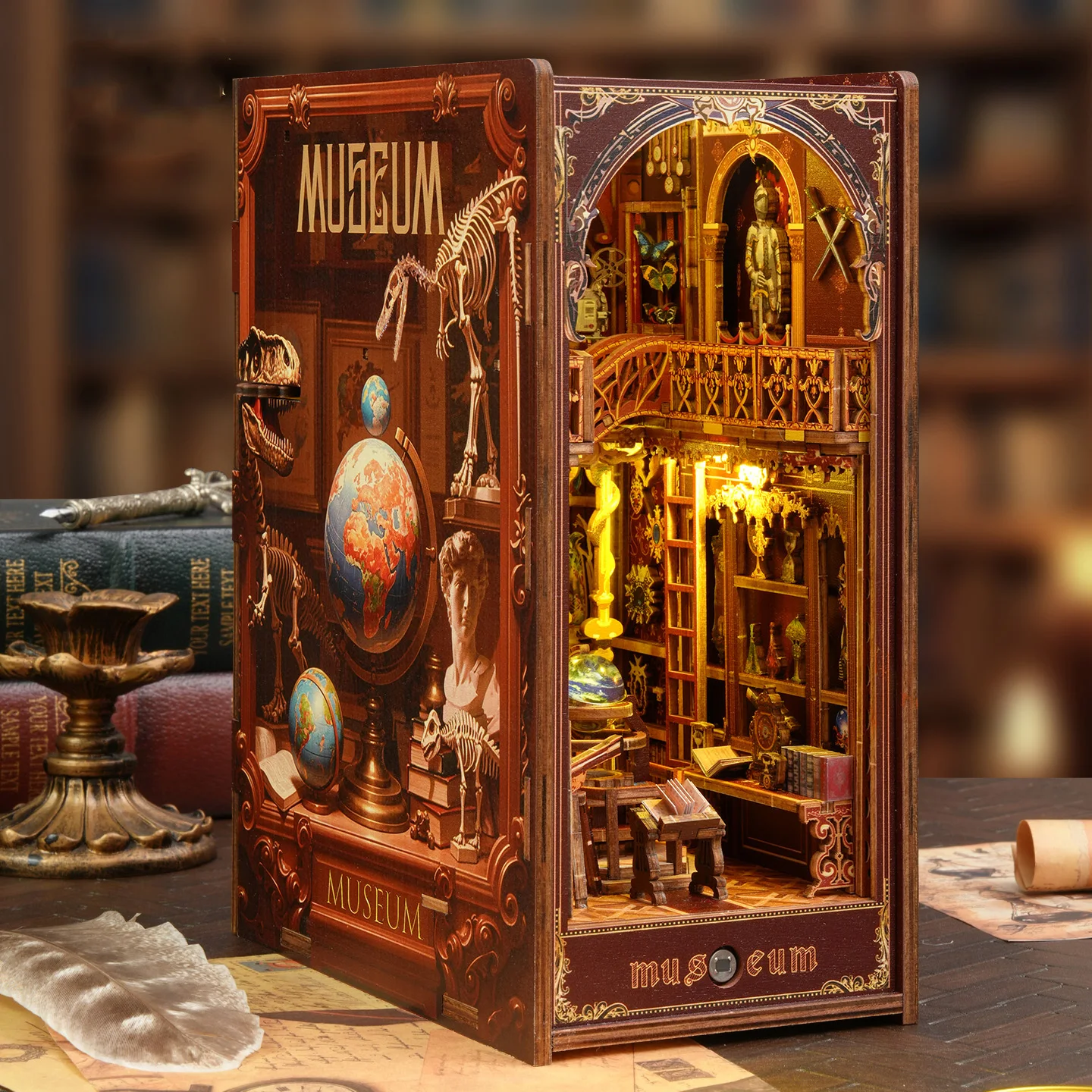 DIY Wooden Century Museum Book Nook Shelf Insert Kit Miniature Model Kits Bookshelf With Light Bookend for Friends Birthday Gift