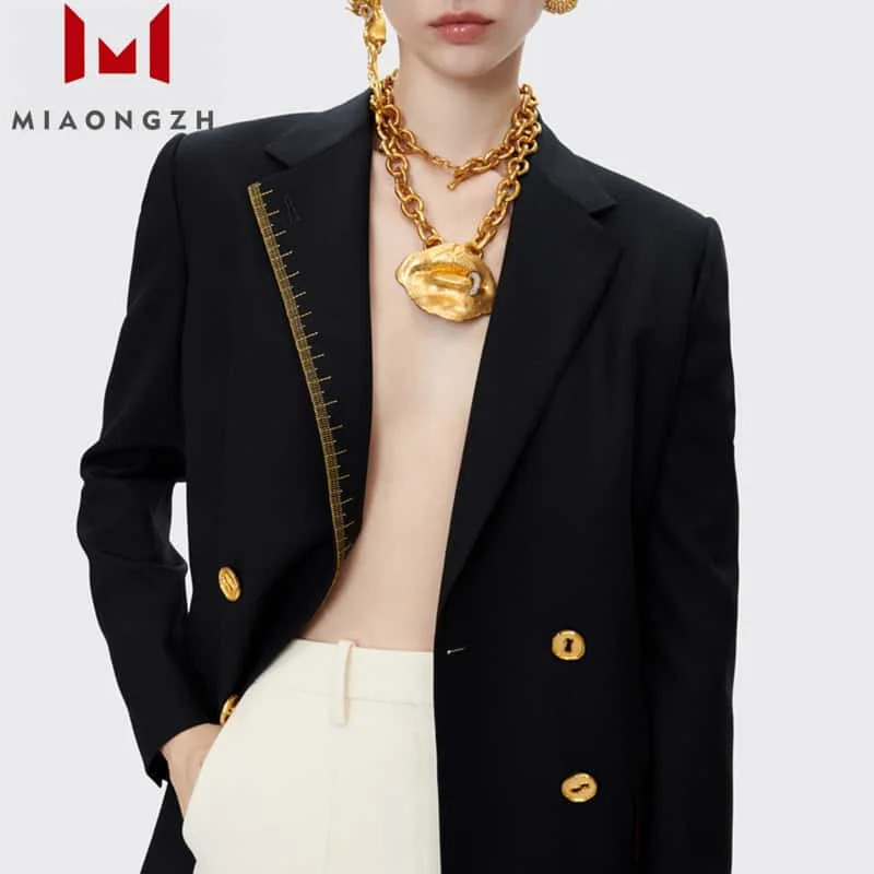 

High Quality Fashion Spliced Button Elegant Blazers Women's Lapel Long Sleeves Embroidery Slim Blazer Coat Female Clothing New