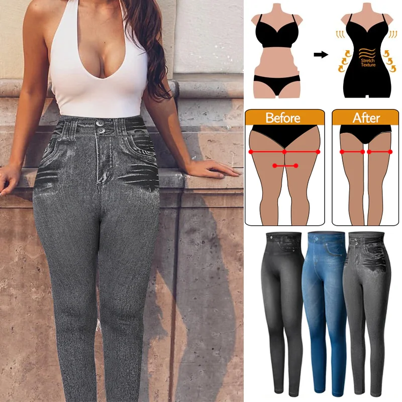 النساء Jeggings فو الدينيم الجينز Leggins عالية الخصر البطن التحكم سليم Leggins المطبوعة سروال شكل قلم رصاص سلس نحيل بنطلون