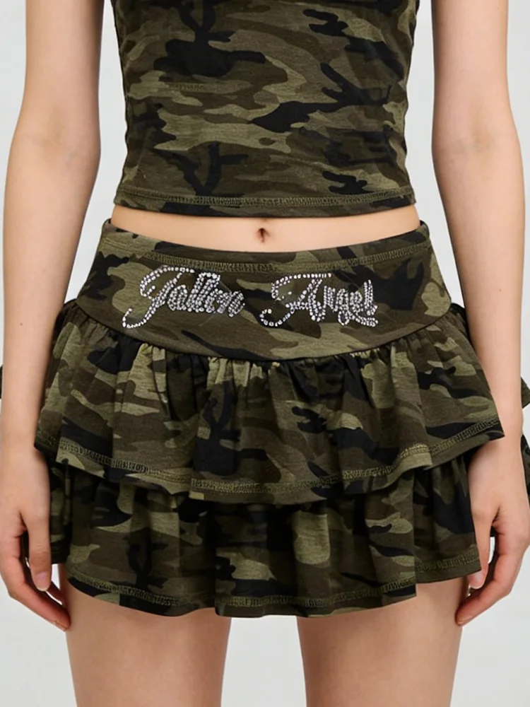 

Камуфляжная плиссированная юбка с буквами-стразами, камуфляжная летняя короткая юбка.