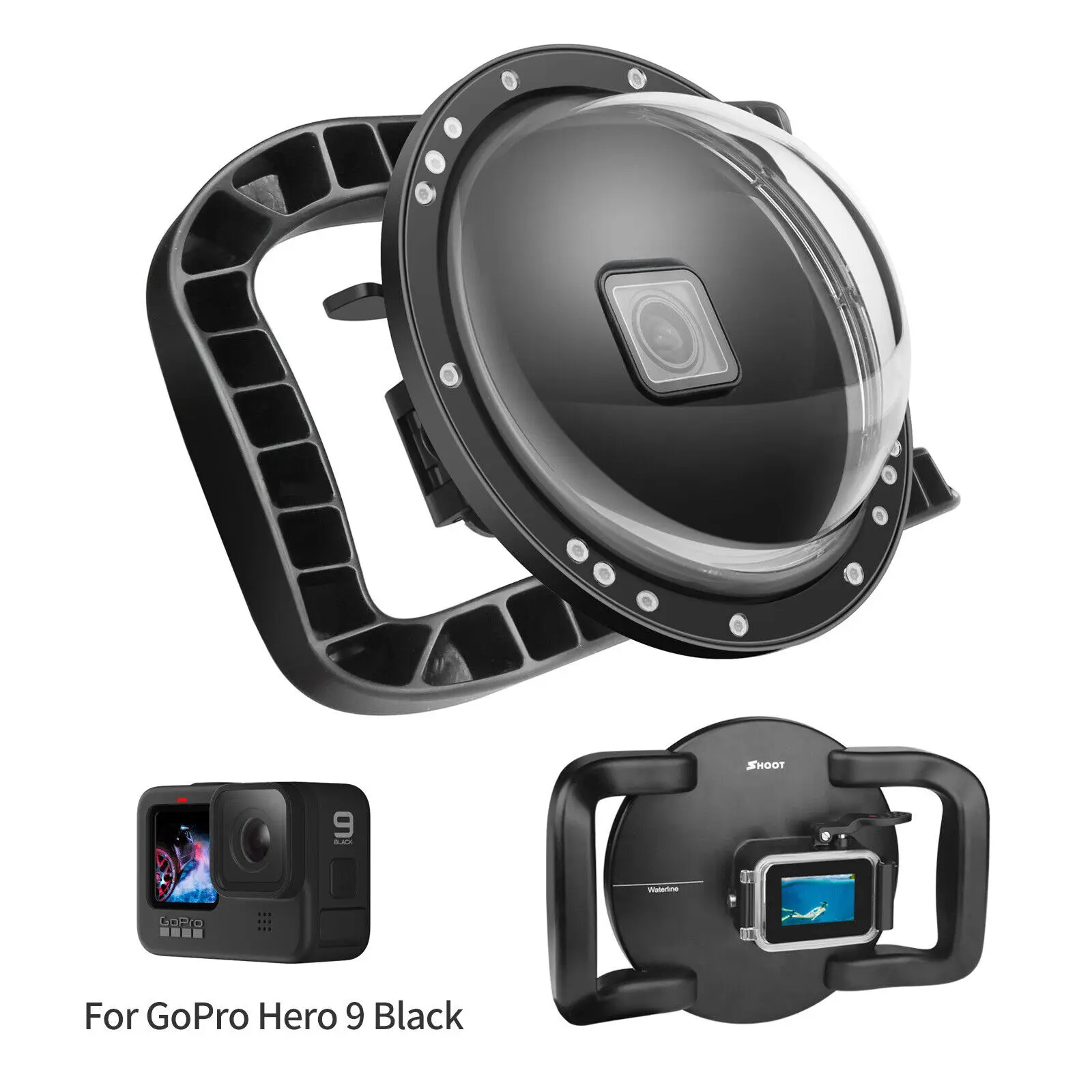 

Dual Handle Dome Port Waterproof Case 180° Wide Angle for GoPro 9 10 11 12 13 Black Camera