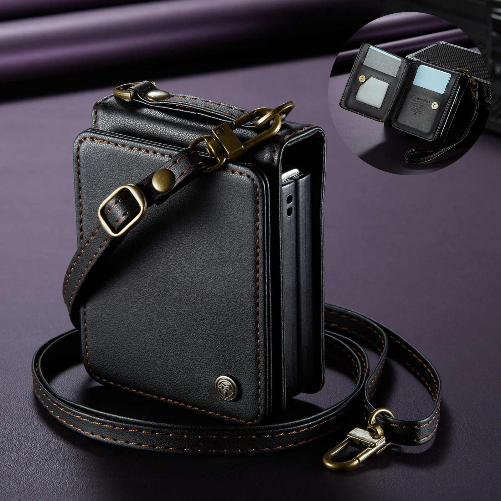 Caseme-C22 Wallet Phone Case For Samsung Galaxy Z Flip 8 Card Slots Leather Flip Cover Crossbody Shoulder Wrist Strap Kickstand
