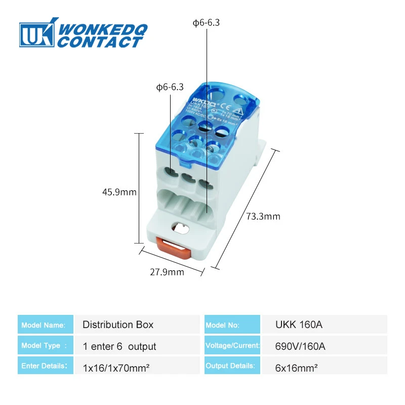 1Pc UKK160A UKK-160A Junction 1 In 6 Out Universal Wire Electrical Connector Din Rail Terminal Block Power Distribution Box