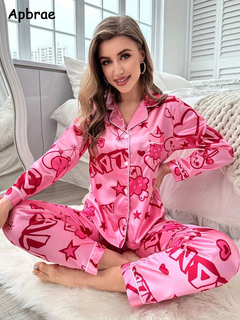 Spring Autumn New Pajamas for Women Heart Print Pajama Sets Pink Woman Pijamas Satin Silk Long Sleeves Long Pants Sleepwear