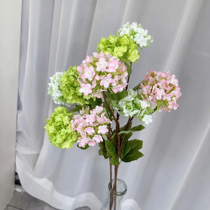 New exquisite 3 heads small Hydrangea branch with green leaves simulation flowers for Wedding home party decoration office hotel