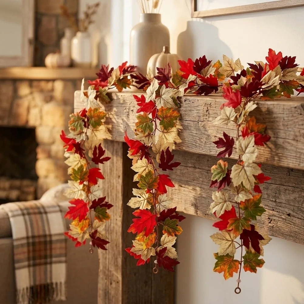3Pack Artificial Maple Leaves Vines 175cm Realistic Garland For Home Wedding Party Wall Door Mantel Decor