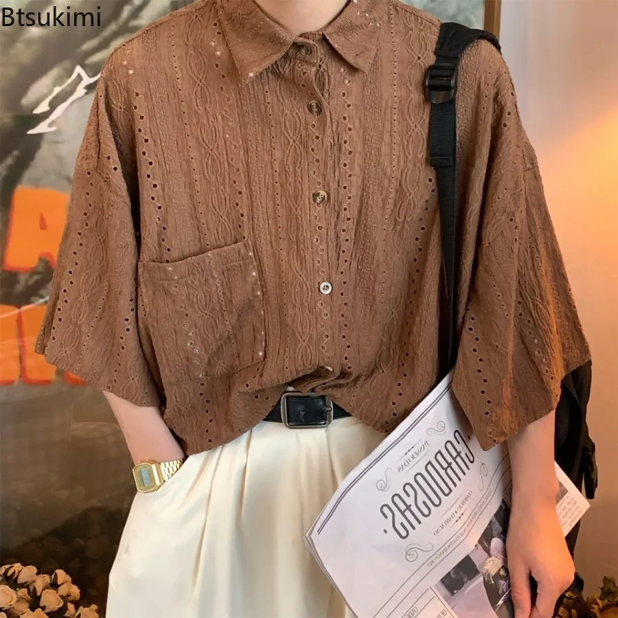 2025 New Men's Short Sleeve Hollow Out Shirts Japanese Style Vintage Simple Loose Casual Laple Shirt Tops Trend Streetwear Male