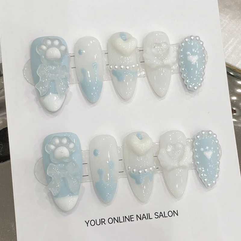 

10pcs Luxe Almond Press-On Nails Set In Milky Blue With Bow&Heart Design Full Cover French Almond Nail Tips for Women and Girls