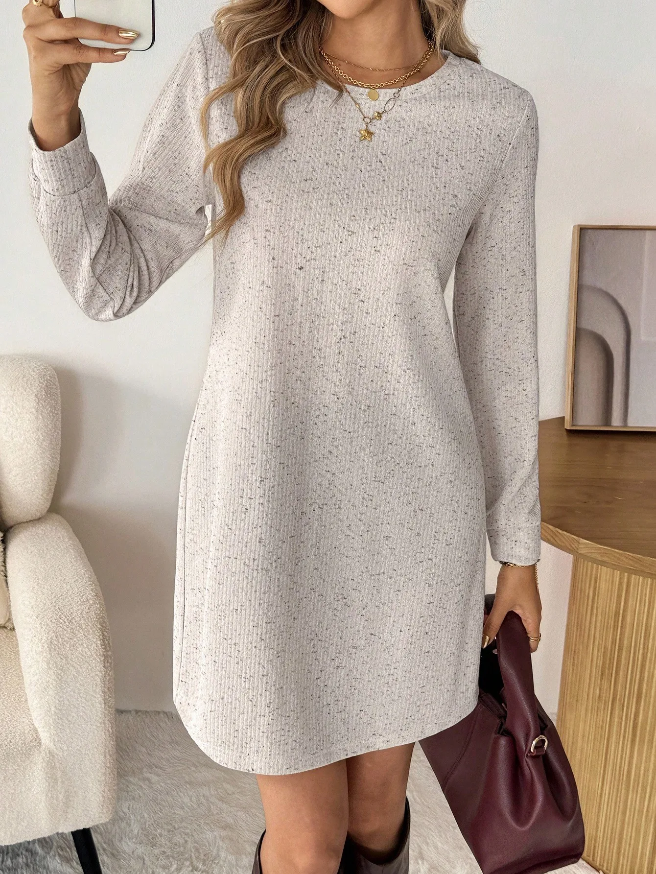 

Women's Ribbed Long Sleeve Casual Dress for Autumn Winter, Loose Fit Comfy Lounge Outfit