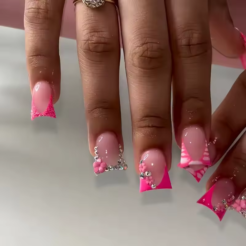 24pcs Duckbill Fake Nails Glitter Rhinestones Nails Set Press on Wearable White French Short False Nail with Flower Manicure Tip - AliExpress
