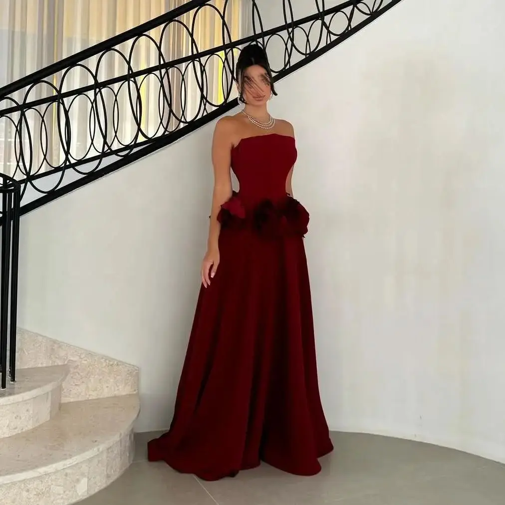 

Jirocum Saudi Elegant A-line Prom Dress Women Strapless 3D Flowers Evening Dresses Floor Length Special Occasion Gown customized