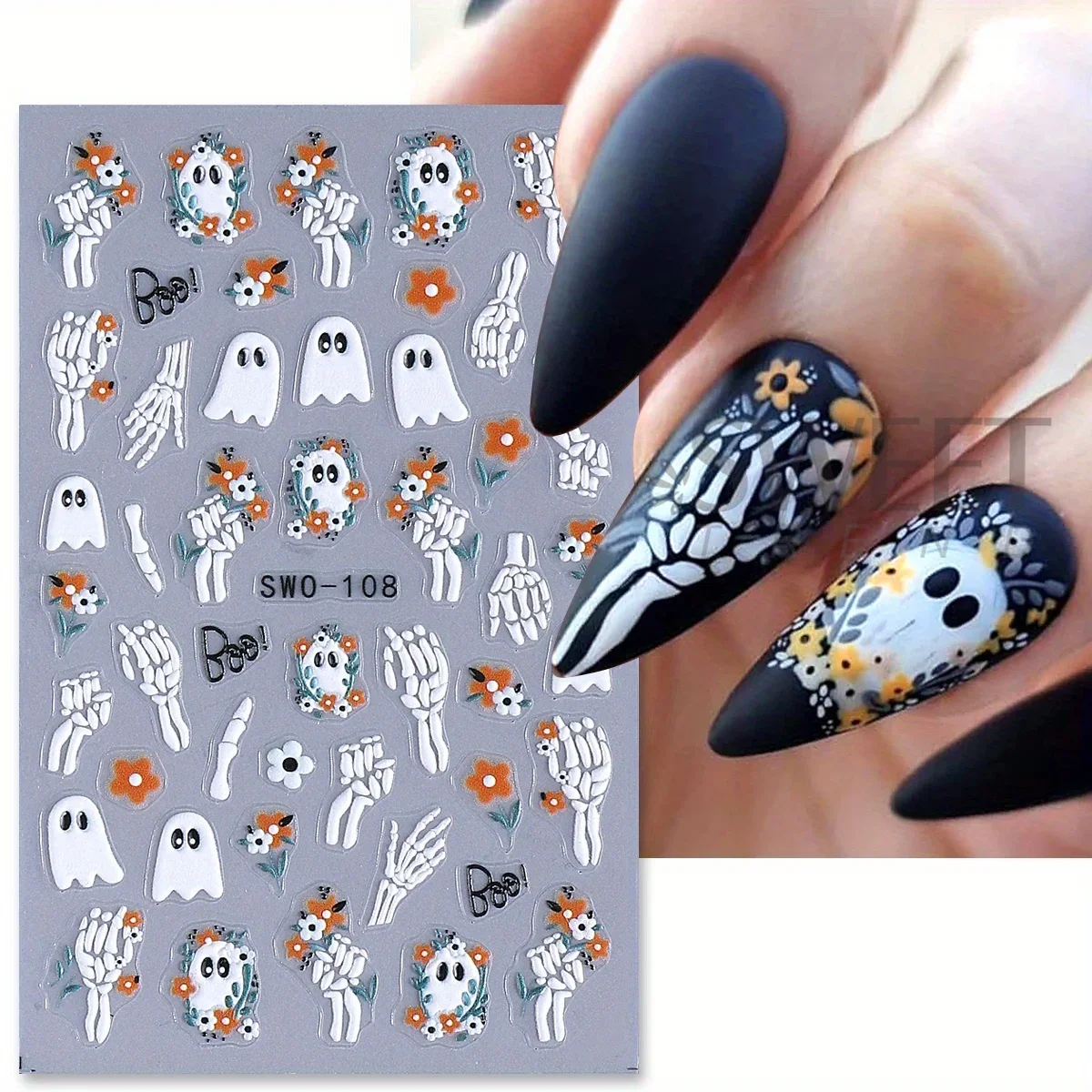 4pcs Cartoon Spooky Ghosts Matte Nail Stickers Skeleton Hand Pumpkins Spider Design Adhesive Sliders Halloween Manicure Decals