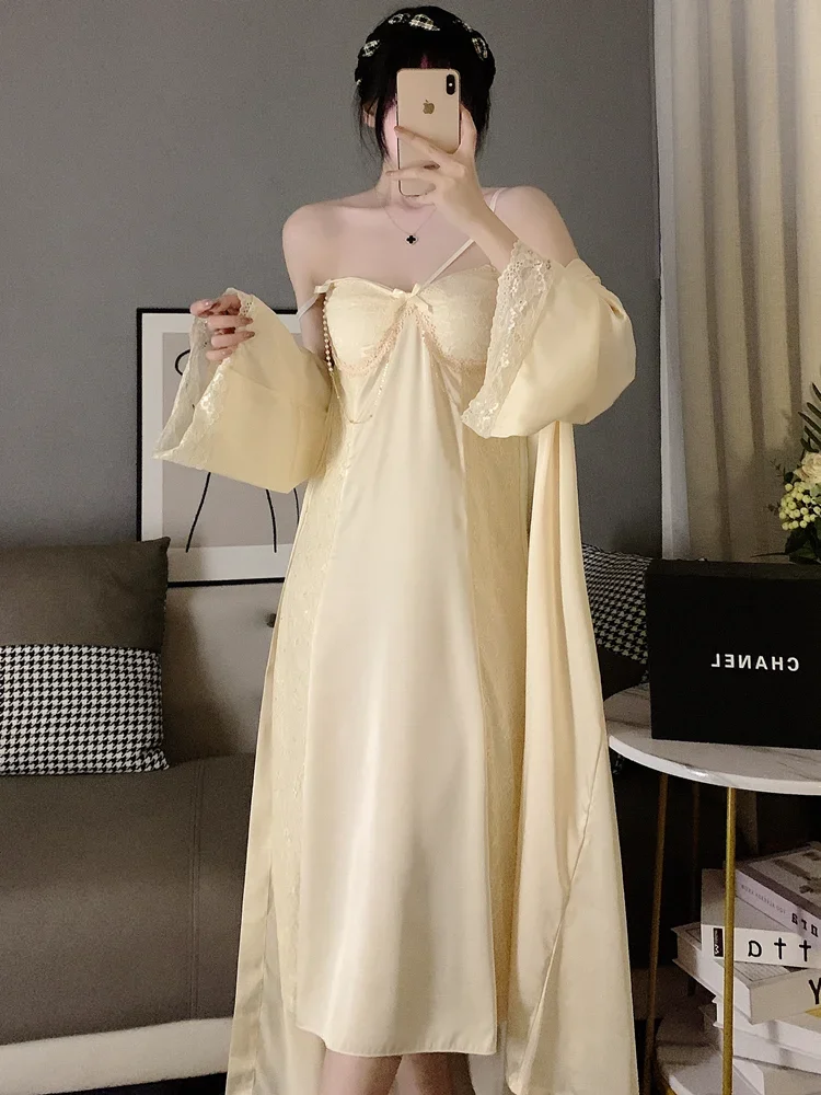 Autumn Satin Sleepwear Pyjamas Ice Silk Sexy Suspender Nightdress Long French Court Loungewear Set with Chest Pad Pajamas