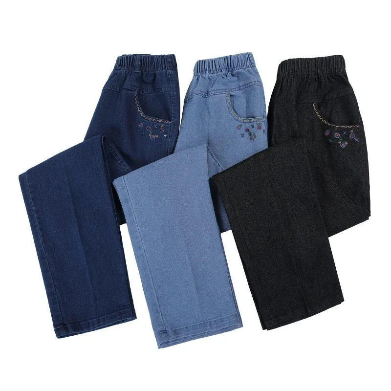 2026 Spring Autumn Denim Straight Pants Middle-aged Women's Jeans Elastic-waist Embroidery Comfy Loose Summer Casual Trousers