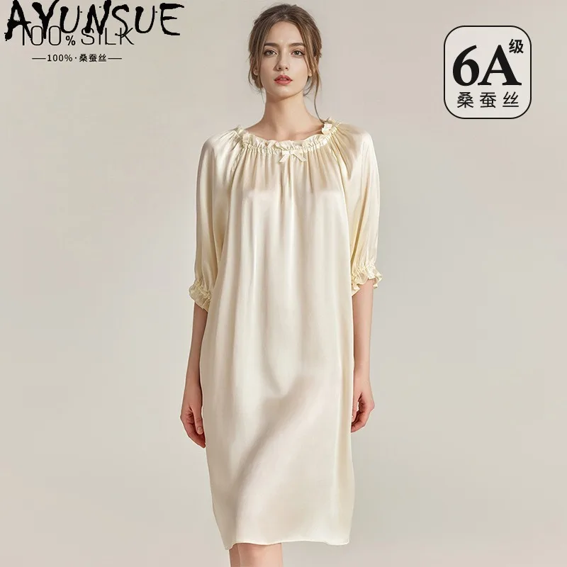 

AYUNSUE 100% Silk Night Dresses for Women French Solid Color Nightgown Puff Sleeves Pajamas for Women High Quality Pijamas Mujer
