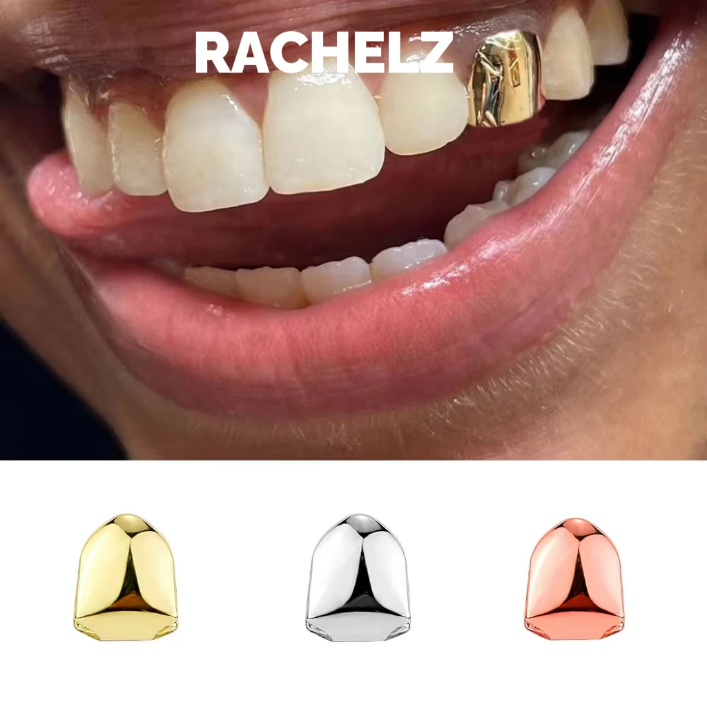 RACHELZ Classic Single Glossy Teeth Grillz Gold Silver Rose Color Tooth Caps For Women Men Jewelry Removable Cosplay Gift