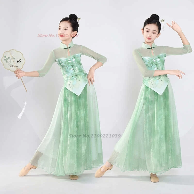 

2026 chinese vintage children dance costume traditional flower print qipao tops+skirt set children stage performance cheongsam