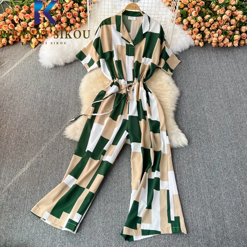 

Plaid Print Jumpsuits Women Short Sleeve Lapel Fashion High Waist Wide Leg Pants 2022 Summer Romper Casual Loose Overalls Female