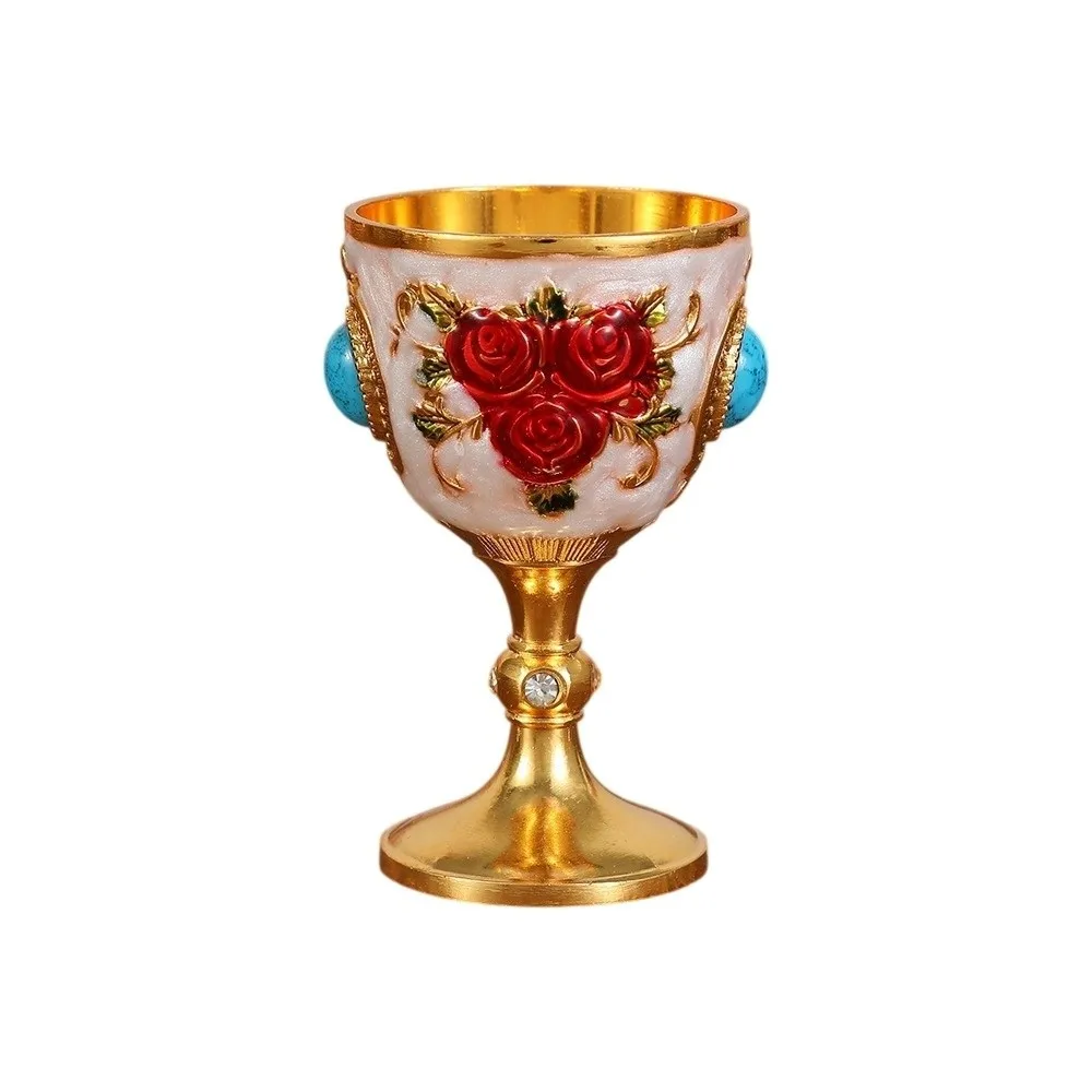 Flower Embossed Rose Chalice Goblet Zinc Alloy European Style Synthetic Turquoise Wine Cup Vintage Medieval