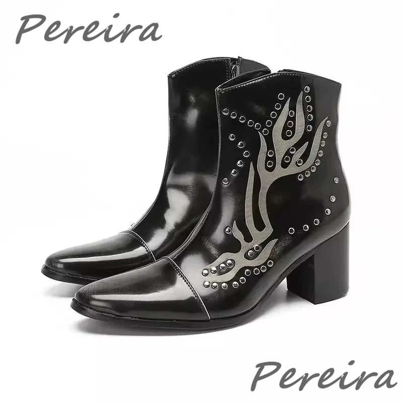 Pointed Toe Rivets Prints Short Boots Black Patent Leather High Heels Side Zipper Western Cowboy Boots Trendy Men's Dress Shoes