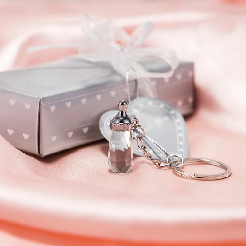 50pcs New Baby Shower Gifts Christening Guest Souvenirs Crystal Milk Bottle Keychain Keyring