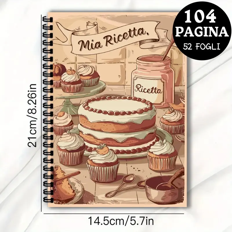 Spiral Binding Italian recipe book,Perfect Gift for Family Chefs,Record Your Favorite Recipes,Retro Hand-Drawn Dessert Scene