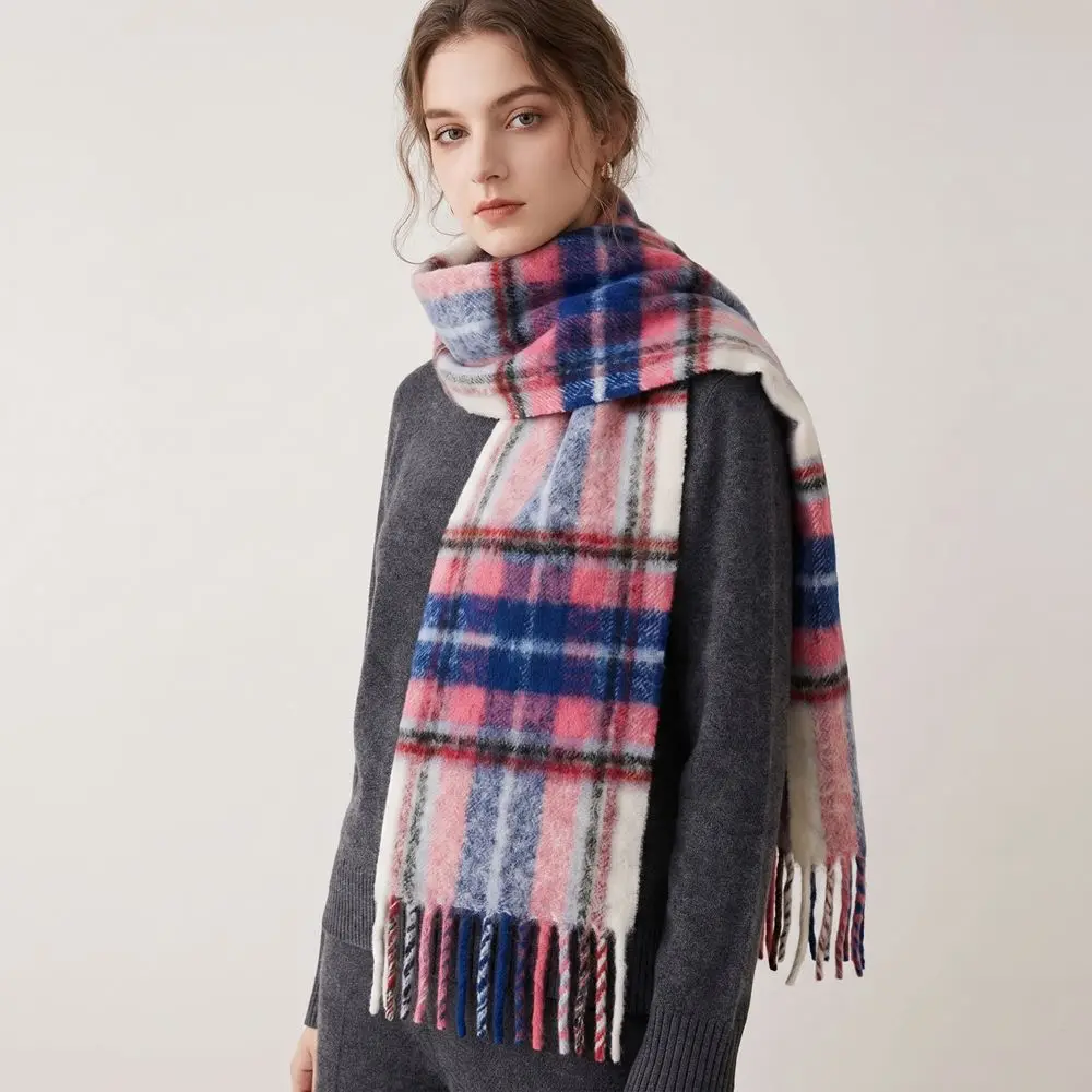 Retro Long Plaid Scarf Plush Retro Winter Cashmere Scarves Preppy Wool Tassel Shawl Student