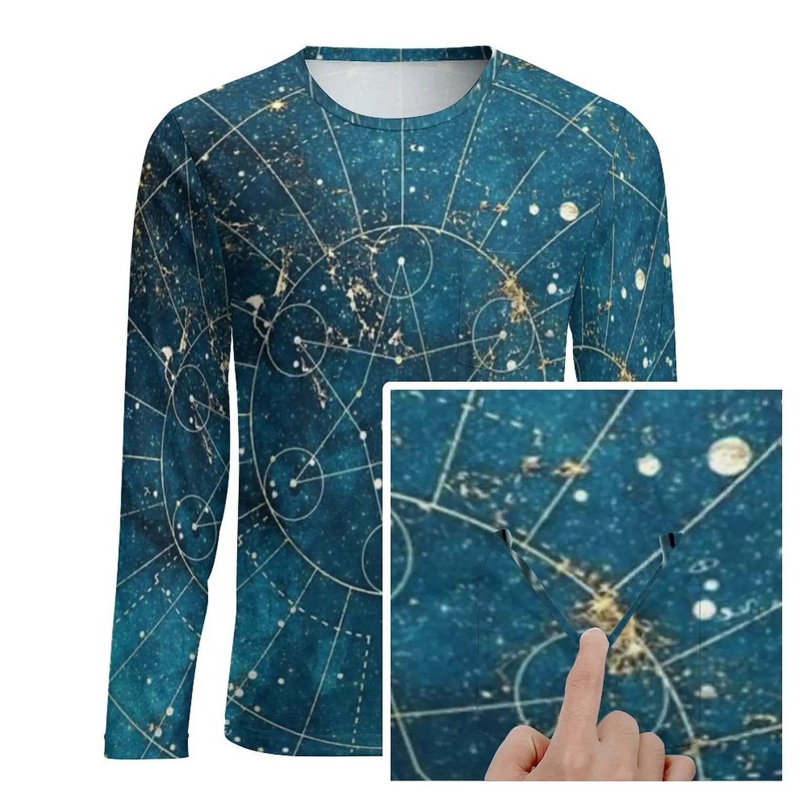 Night Symbol Print T Shirt Star Map City Lights Cool T Shirts With Pocket Long Sleeve Custom Tshirt Spring Plus Size Clothing