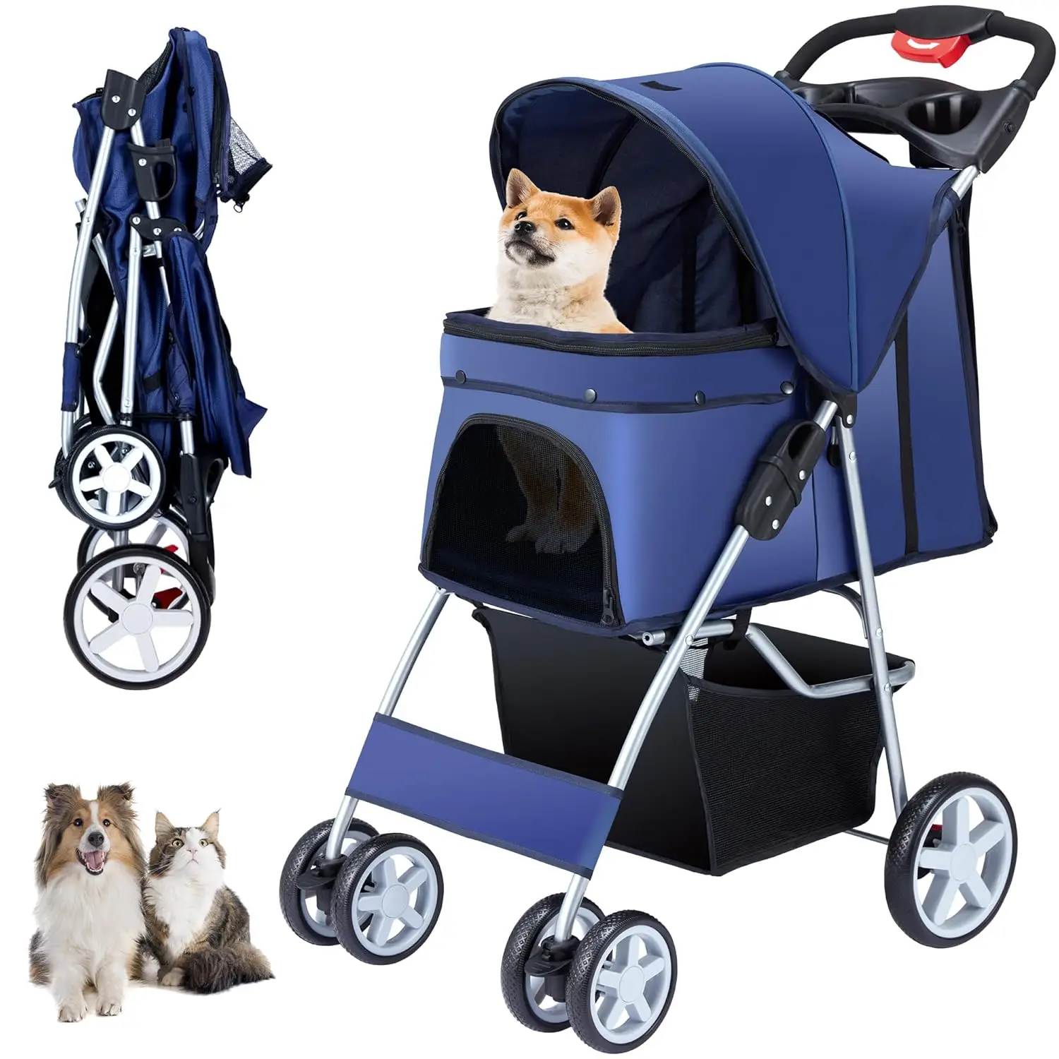 

Foldable Pet Stroller for Small Medium Dogs Cats 10-33 lbs, 4 Wheels with Cup Holder & Storage Basket, Breathable Mesh, Navy Blue