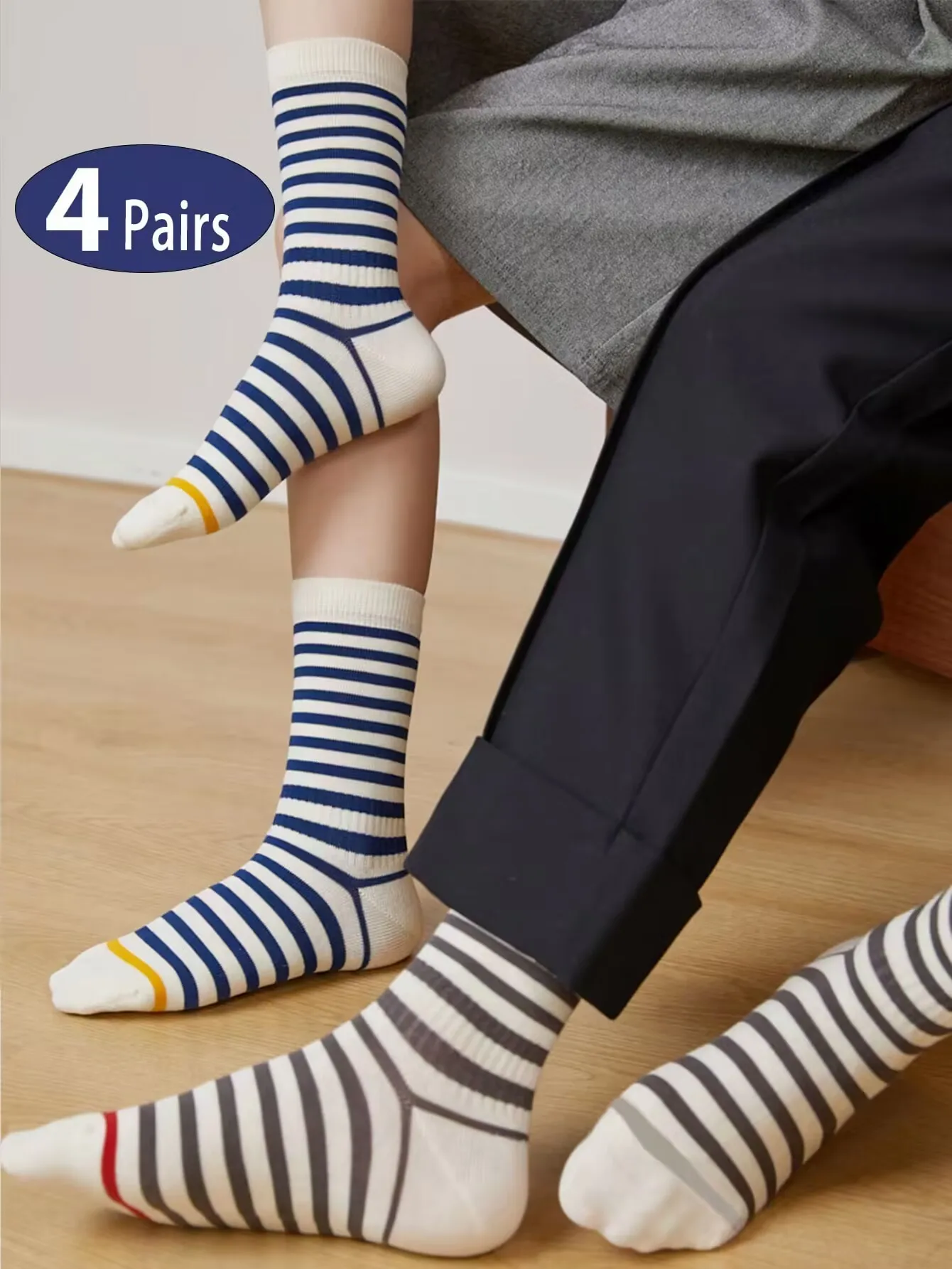 4 pairs of men\'s socks Spring and autumn mid-tube personality trend striped tall stockings