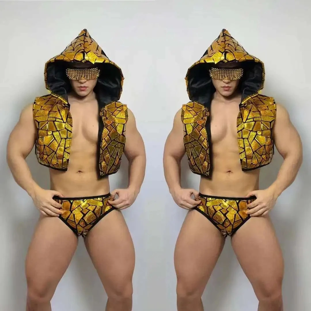 Folk Dance Nightclub Dj Men Dancer Gogo Costume Burning Man Outfit Pole Hooded Dance Clothes Sleeveless lens Briefs （Top+shorts）