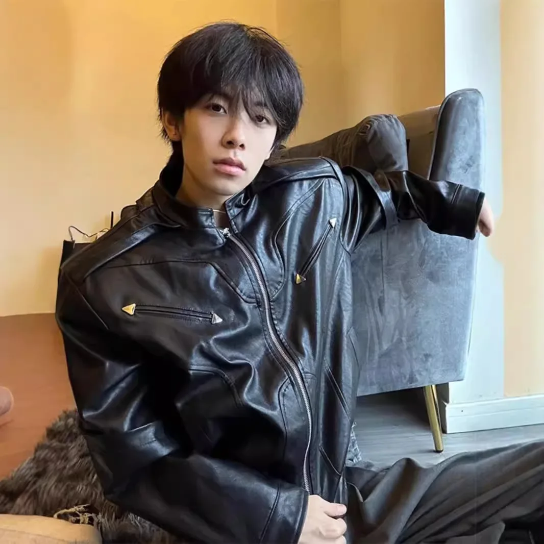 

Spring Autumn Men's Solid Color Stand Collar Zipper Casual Trendy Simple Basic Loose Faux Leather Jackets New Fashion Male Coats