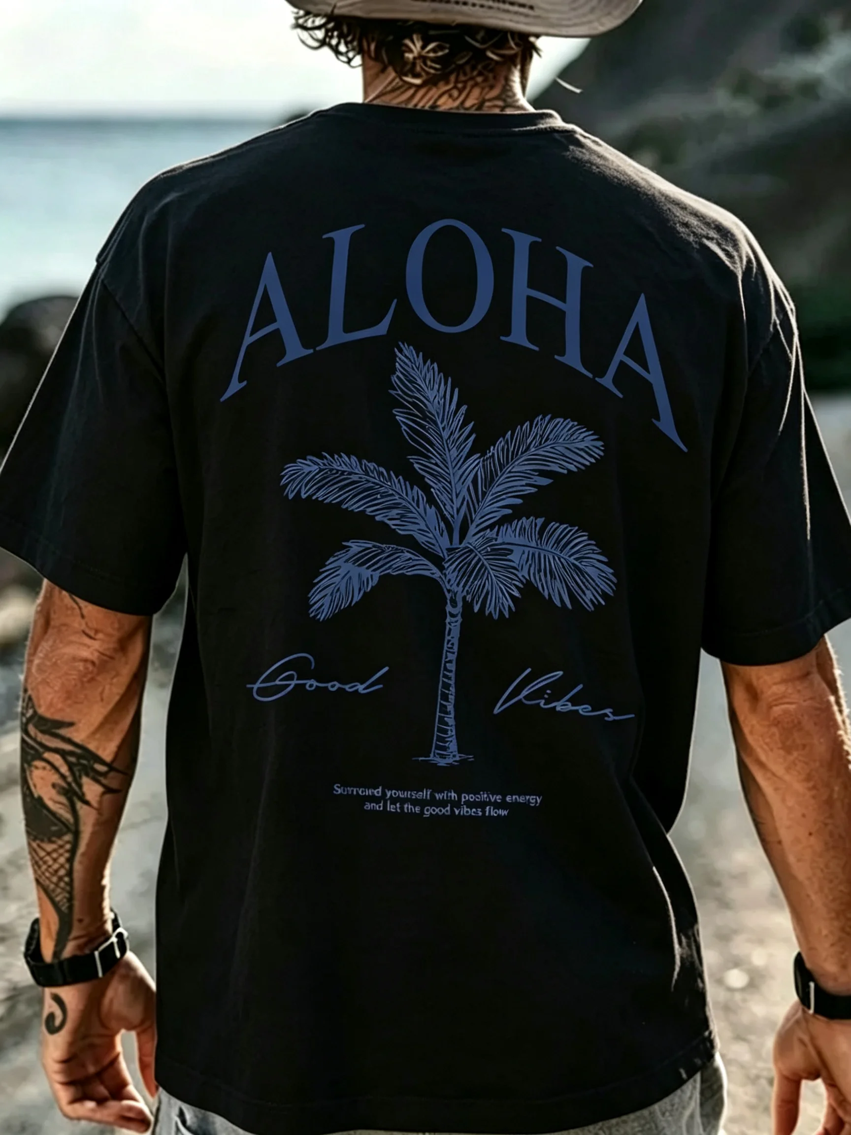 2026 New Family Matching T‑Shirt Aloha Palm Tree Good Vibes Summer Slogan Back Print Oversized Cotton Short Sleeve Tops