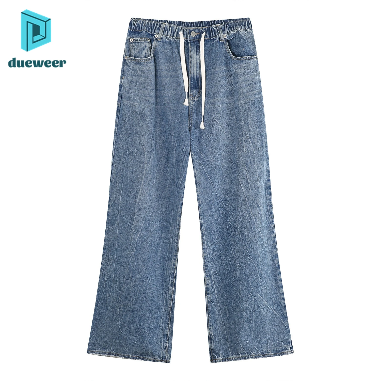 

DUEWEER Summer Men's New Korean Fashion Elastic Waist Casual Baggy Jeans Flare Wide Leg Denim Pants Trousers Vintage Streetwear