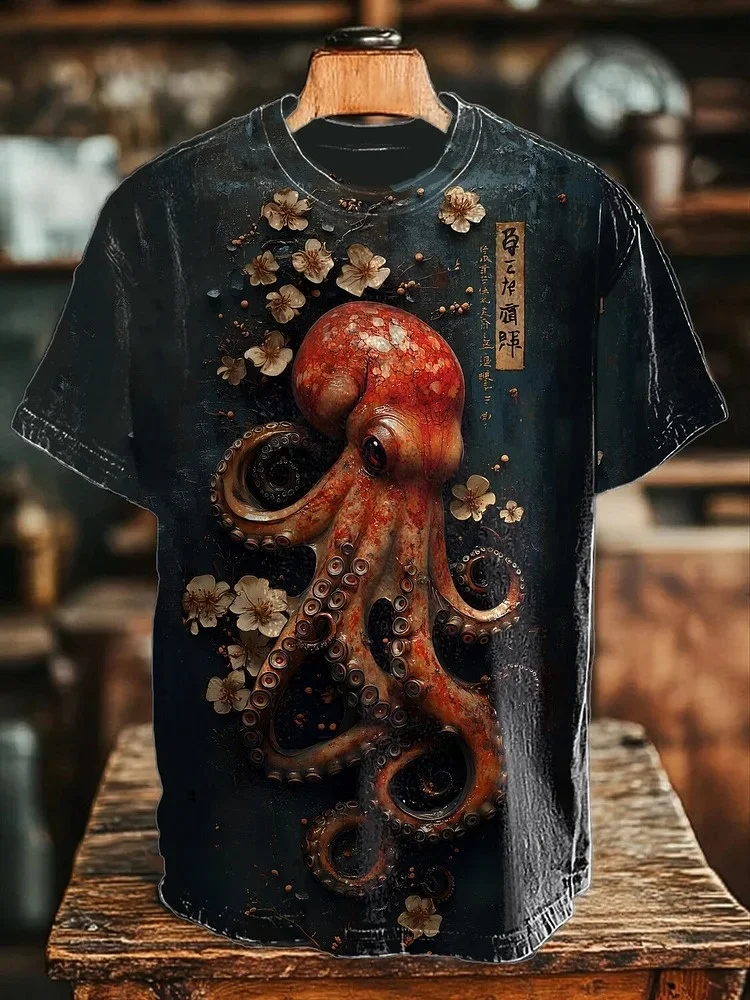Men's Holloween Style Tees Vintage 3D Octopus Retro Calligraphy Print Casual T-Shirt Oversized Short Sleeve O-neck Unisex Tunics