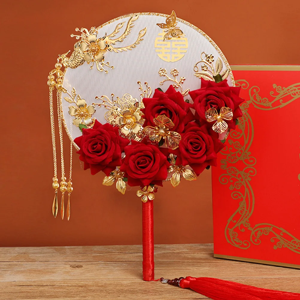 

Chinese Traditional Bride Round Fan Silk Flower Hand Fan Wedding Photography Props Classical Tassel Performance