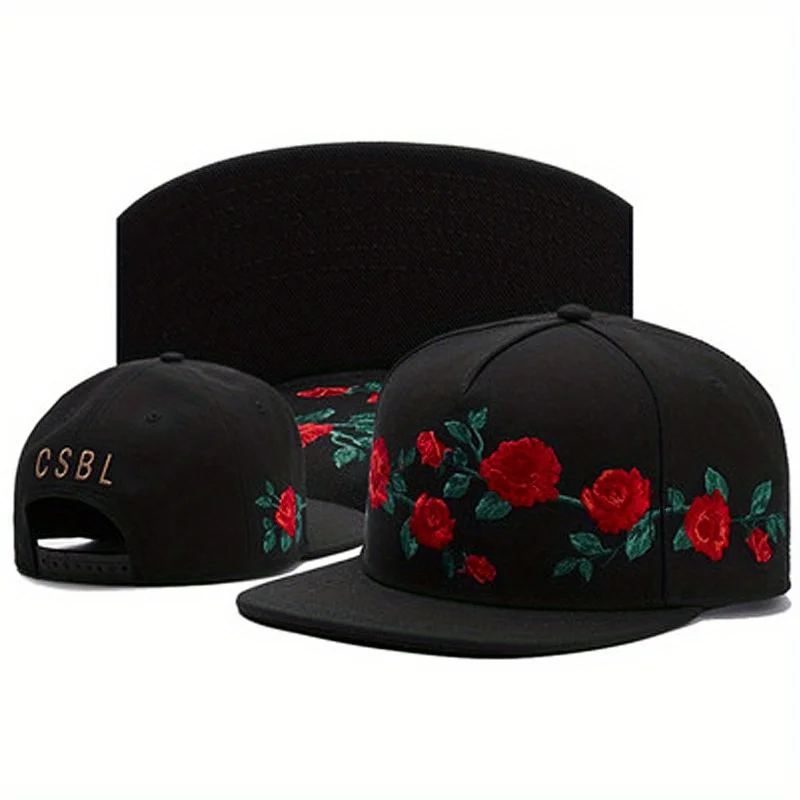 

1PC Hip Hop Baseball Cap with Rose Embroidery Adjustable Snapback Hat UPF Sun Protection for Adult Outdoor Casual