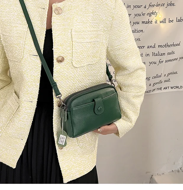 Na co dzień mała torebka ze skóry naturalnej modna wielofunkcyjna torba na telefon damski podwójny zamek błyskawiczny kieszeń Crossbody torebka z uchwytem