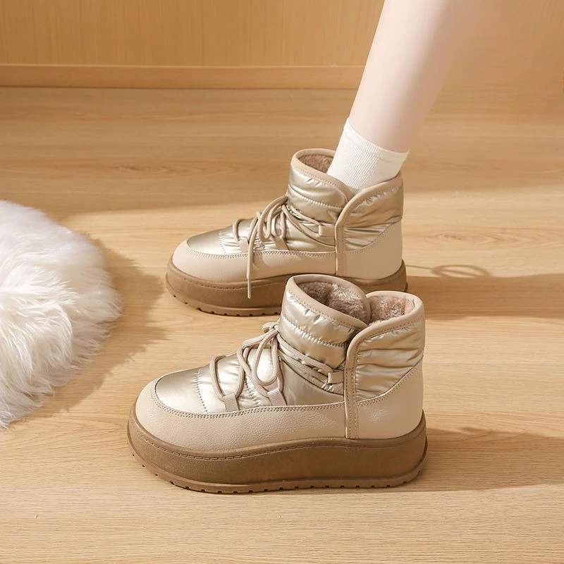 

Женские зимние ботинки на шнуровке с круглым носком, теплая плюшевая женская обувь, зимняя мода, новинка 2025, высококачественные готические ботильоны с подкладкой