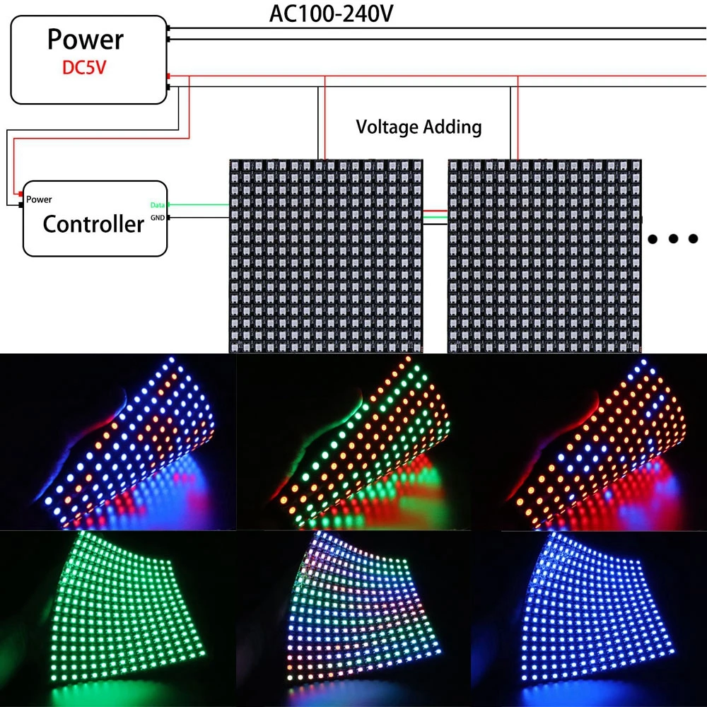 1 2 2 pces ws2812b 8x8 16x16 8x32 led pixel painel flexível matriz de tela ws2812 rgb led módulo individualmente endereçável ic dc5v