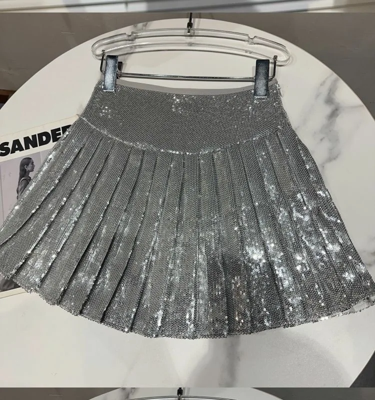 Pleated Skirt Girls Shiny Spring Autumn New Fashion Sequin Elasticity Pleats 2024 Childrens Clothing Fashion Korean