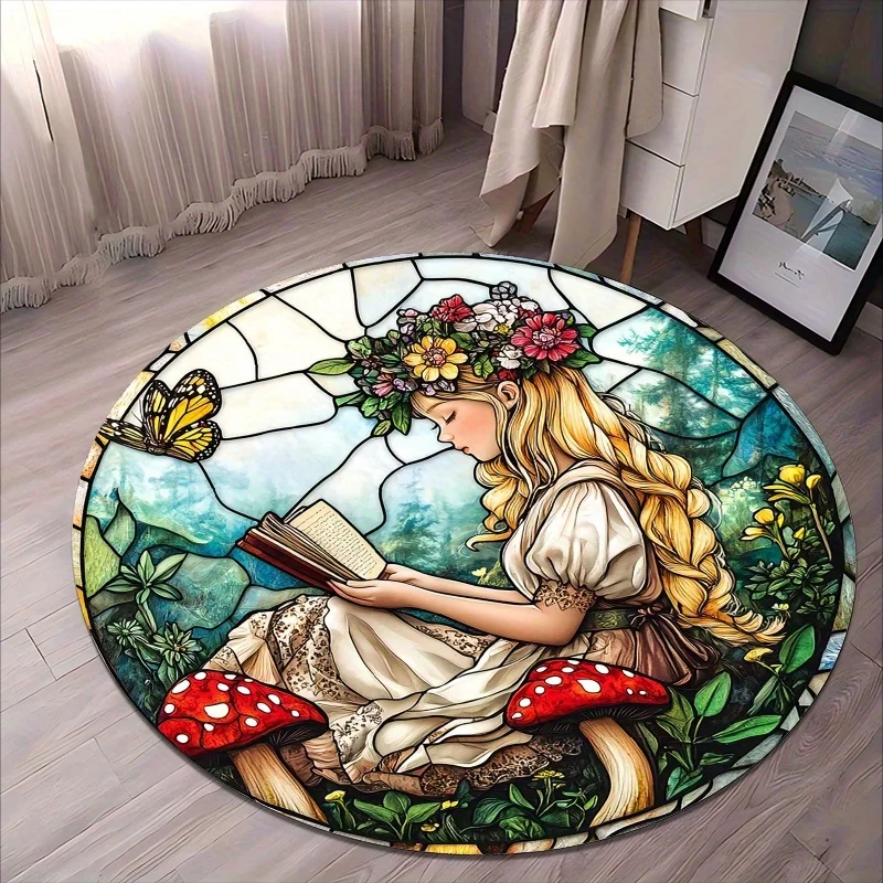 Fairy Tale Forest Reading Flannel-printed round floor mats are slip-resistant Suitable for living bedroom terrace garden carpets
