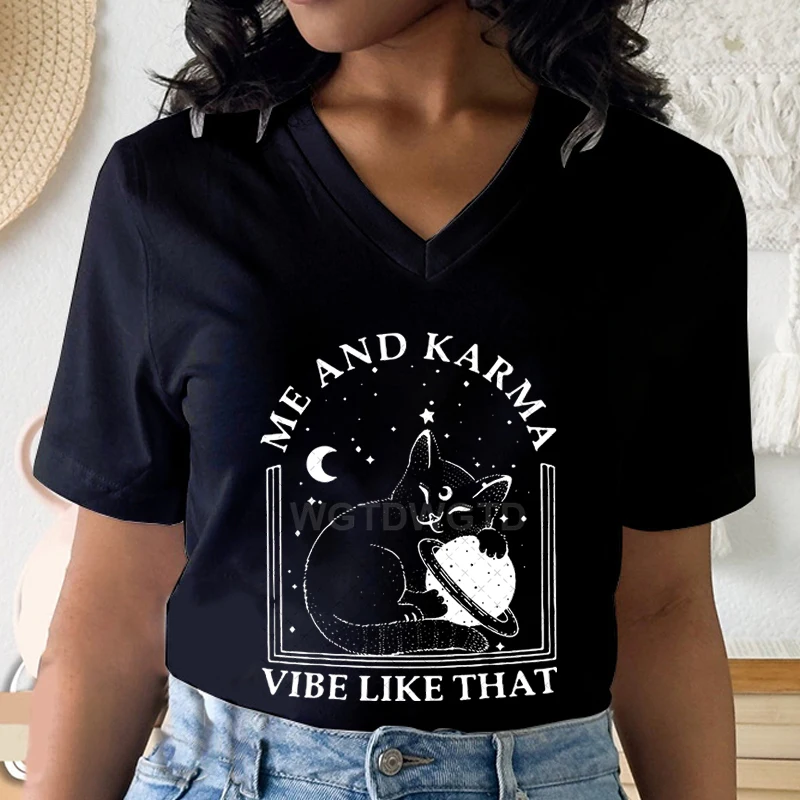 Midnights Cat Retro T-shirt Women Cute Animal Lovers Casual T-shirts Trendy Fan Cat Lover Tee Me and Karma Vibe Like That Shirt