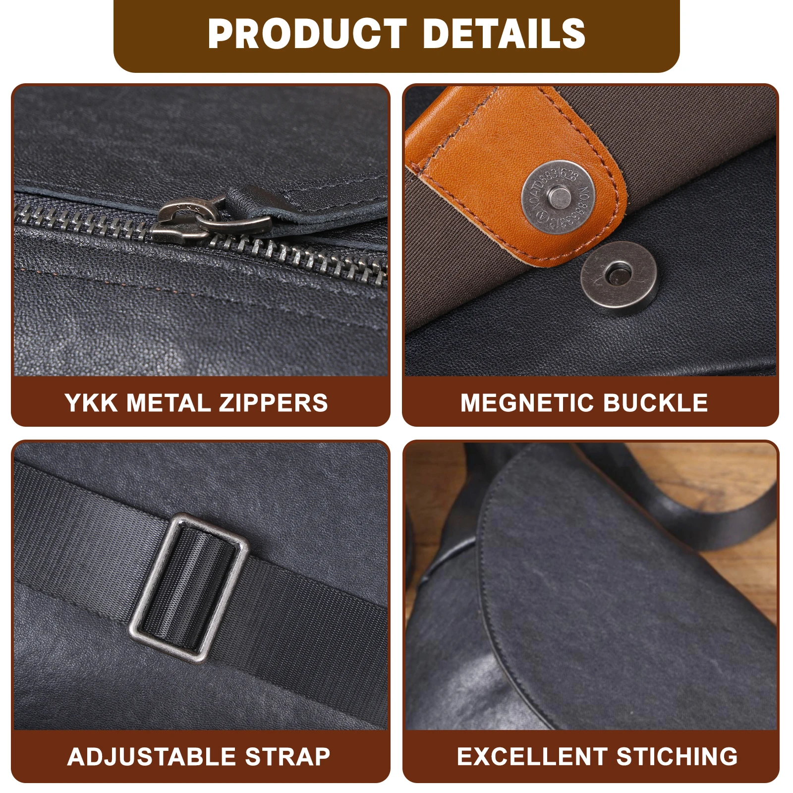 S.WORKER Herren-Umhängetasche aus echtem Leder, Umhängetaschen, einfache Rindsledertasche, pflanzlich gegerbtes Oberschichtleder, modisch, lässig – Detail 12