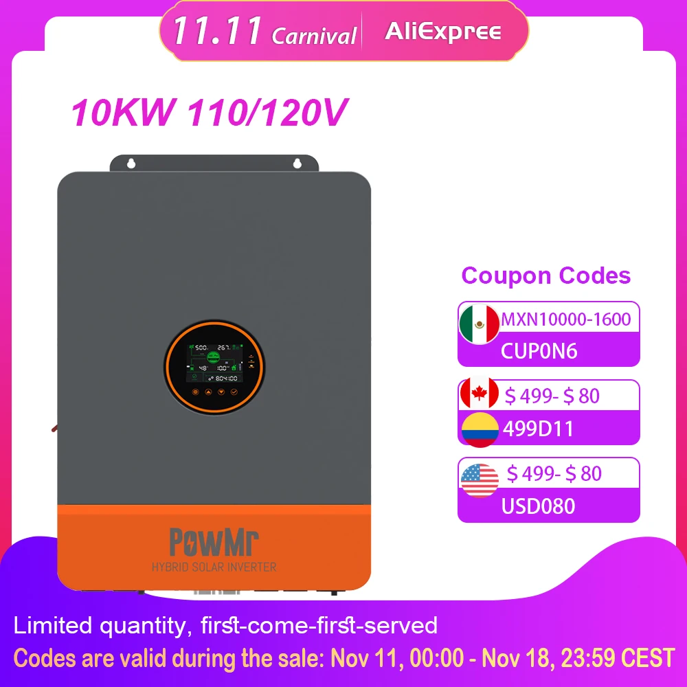 PowMr 10KW 48V DC to 120V/240V AC Split-Phase Pure Sine Wave Hybrid Inverter Built-in 200A MPPT Solar Charge Parallel Max 6 Unit