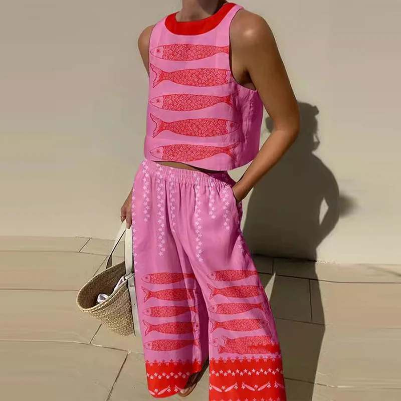 

New Summer Pattern Printed Women's Two Piece Fashion O Neck Sleeveless Top and Long Pants Set Casual Pocket Holiday Loose Outfit