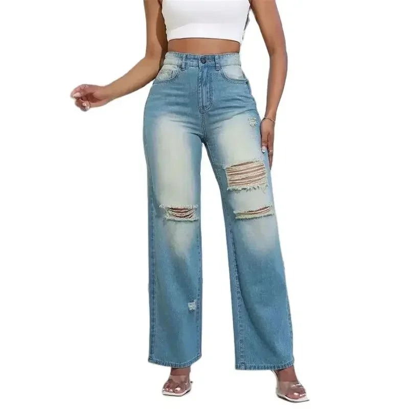 

New Vintage Broken Holes Loose Straight Jeans Women High Waist Button Splice Denim Pants Female Trousers Casual Trend Streetwear