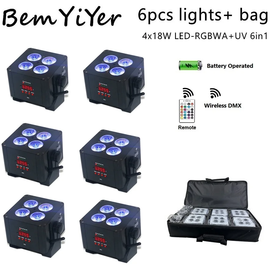 

BemYiYer 6pack Wifi App 4x18W Battery Wireless DMX LED Par Uplight Remote bag/RGBWA+UV 6in1 for DJ Party wedding stage light