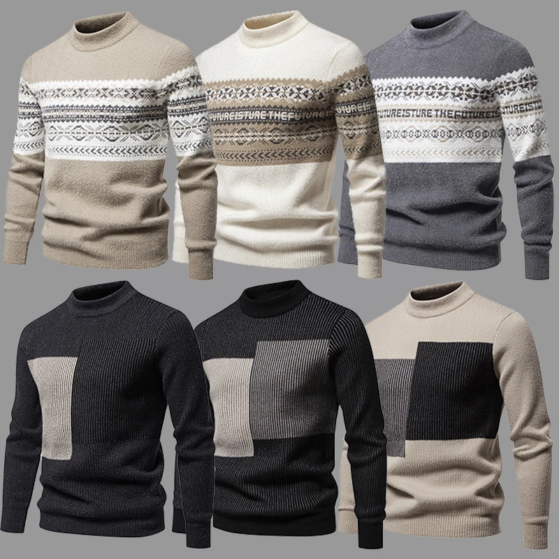 Men's New Fashion Patchwork Long Sleeve Line Coat Autumn Winter Casual Crew-neck Sweater Base Shirt